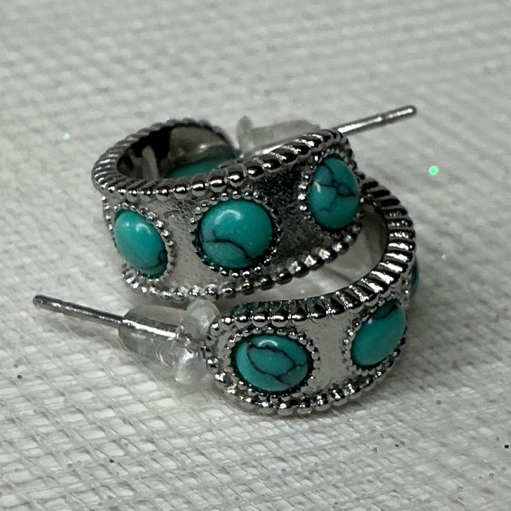 Turquoise Huggie Hoop Earrings Antique Silver Boho Southwestern Style